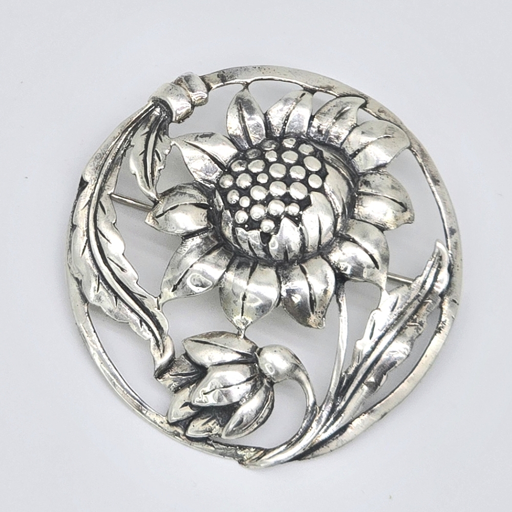 Danecraft Brooch Sterling Silver Sunflower Art Nouveau
